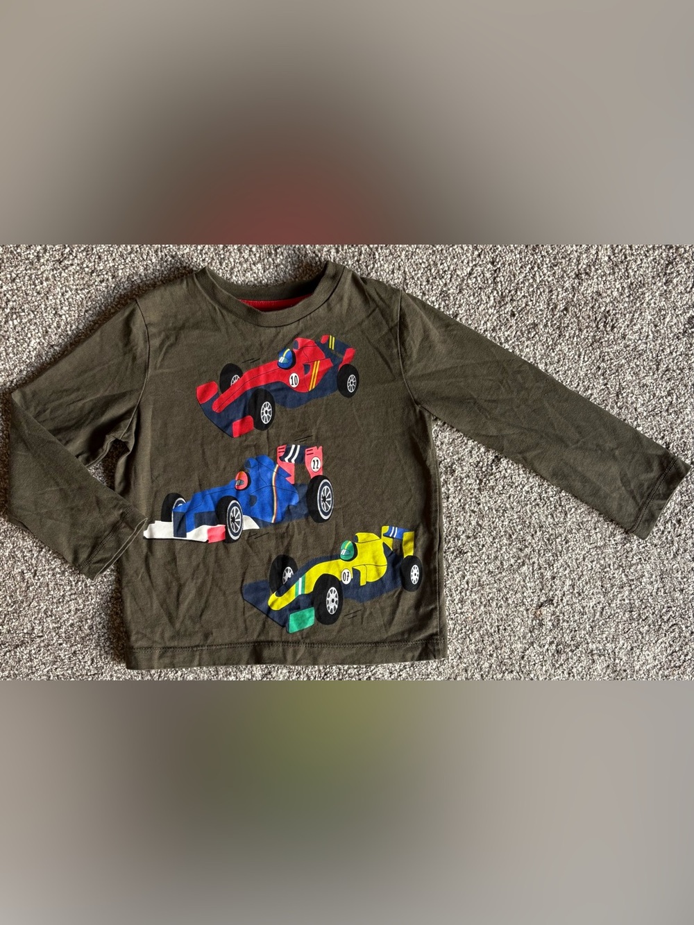 Mini Boden Olive Long Sleeve Tee with Red, Blue & Yellow Racing Cars